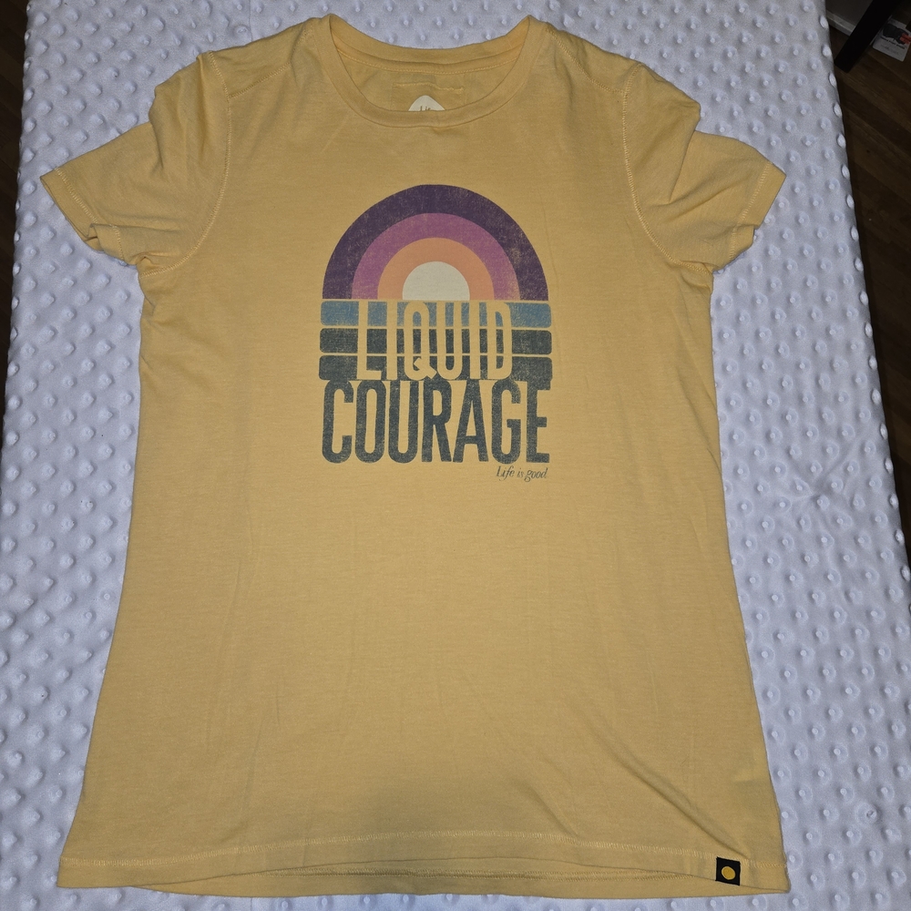 Life is Good Womens Shirt Medium Yellow Rainbow Liquid‎ Courage Crusher T Shirt